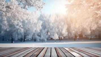 AI generated Empty wooden table top view with blurred background of snow and trees winter season. Template mockup for display of product. photo