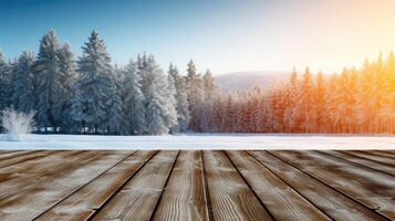AI generated Empty wooden table top view with blurred background of snow and trees winter season. Template mockup for display of product. photo