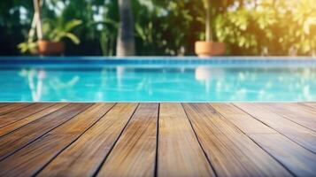 AI generated Empty wooden table top view with blurred background of swimming pool. Template mockup for display of product. photo