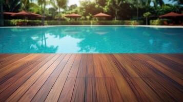 AI generated Empty wooden table top view with blurred background of swimming pool. Template mockup for display of product. photo
