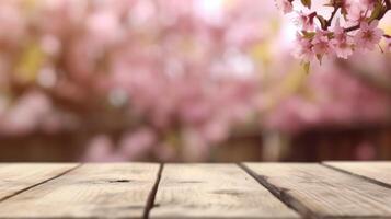 AI generated Empty wooden table top with blur background of pink flowers. Template mock up for display of product. photo