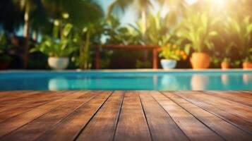 AI generated Empty wooden table top view with blurred background of swimming pool. Template mockup for display of product. photo