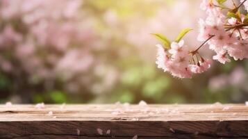 AI generated Empty wooden table top with blur background of pink flowers. Template mock up for display of product. photo