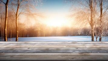 AI generated Empty wooden table top view with blurred background of snow and trees winter season. Template mockup for display of product. photo