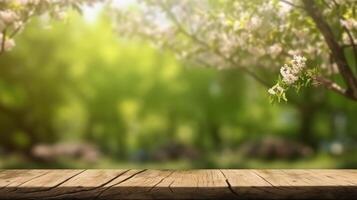 AI generated Empty wooden table top in flower Park with blur background of pink flowers. Template mock up for display of product. photo