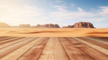 AI generated Empty wooden table top with blur background of desert. Template mock up for display of product. photo