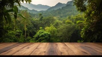 AI generated Empty wooden table top with background of nature. Template mock up for display of product. photo
