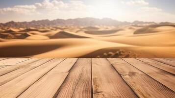 AI generated Empty wooden table top with blur background of desert. Template mock up for display of product. photo
