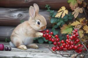 AI generated Little rabbit tries berries Village summer sketch photo