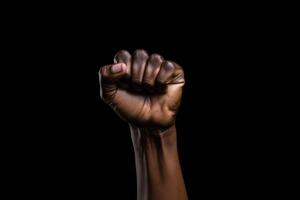 AI generated A raised hand of a man's clenched fists isolated on a dark background. Concept of protest, stop racism, freedom, revolution, victory. photo