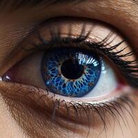 ai generado de cerca imagen de un azul irreal humano ojo. macro Disparo fotografía. foto