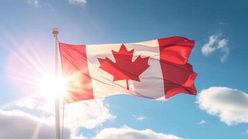 ai generado bandera de el Canadá ondulación en el viento en frente de el Dom. canadiense bandera en contra el azul cielo. foto