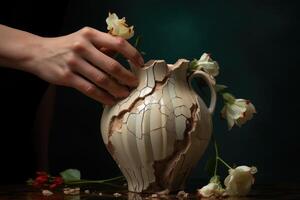 AI generated Hand holding a beautiful old broken flower vase isolated on a dark background. photo