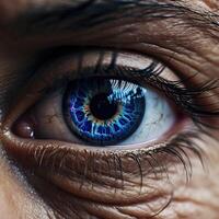 ai generado de cerca imagen de un azul irreal humano ojo. macro Disparo fotografía. foto