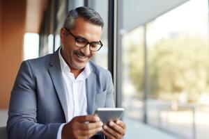 AI generated Middle aged Hispanic business manager ceo using cell phone photo