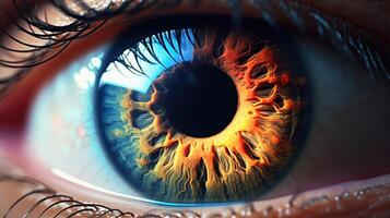 ai generado extremo de cerca imagen de un humano ojo. macro fotografía con el concepto de sano visión, ojo tratamiento educación, y futurista profesional foto dispara