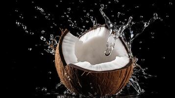 AI generated Fresh brown color half cut coconut fruit with water splash, isolated on dark background. photo