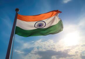 ai generado indio bandera soplo en el viento en contra brillante azul cielo. foto