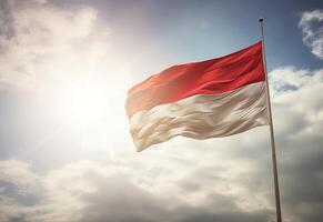 ai generado Indonesia bandera en frente de un brillante azul cielo. indonesio bandera soplo en el viento. foto
