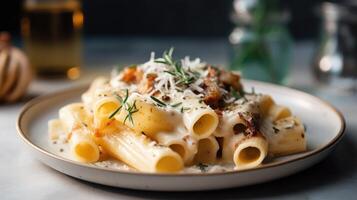AI generated Rigatoni with white cream sauce and caramelized on a plate. Traditional Italian pasta. Closeup background. photo