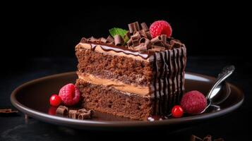 AI generated Chocolate cake with sponge cake and strawberries on a plate isolated on a dark background. Closeup food photography. photo