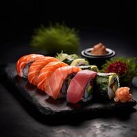 AI generated Various kinds of traditional Japanese sushi, maki served on black stone isolated on dark background. photo