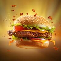 AI generated Closeup of American beef burger with cheese and vegetables. Stock footage image for the concept of design, marketing, promotion of social media ads campaign. Blank copy space for text. photo