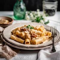 AI generated Rigatoni pasta with white cream sauce and caramelized on a plate. photo