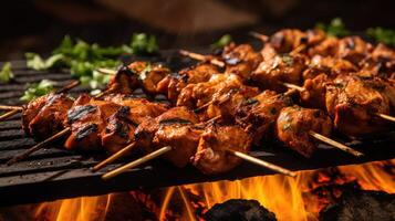 AI generated Chicken tikka roasting on an open hearth with glowing coals and smoke coming out. Closeup photo of chicken kabab on fire isolated on studio background.