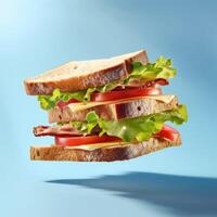 AI generated Super attractive testy double sandwich with tomatoes, slice of cheese, cow meat, and fresh lettuce isolated on blue studio background. Closeup of sandwich on the air. photo