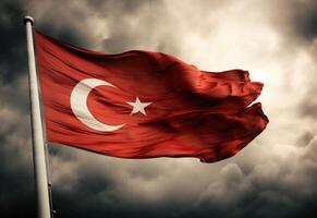 ai generado ondulación turco bandera en contra el antecedentes de el oscuro nube. foto