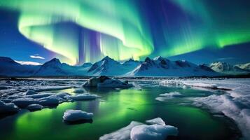 AI generated Northern Lights Majestic Aurora Borealis Over Icebergs, Snow Mountains, and Lakes in Polar Regions. photo