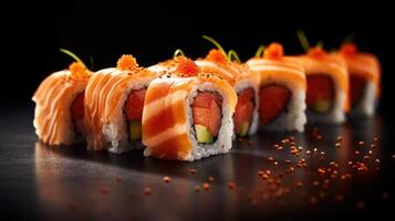 AI generated Traditional japanese sushi with salmon and rice isolated on dark food studio background. photo