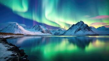 ai generado del Norte luces majestuoso Aurora borealis terminado icebergs, nieve montañas, y lagos en polar regiones. foto