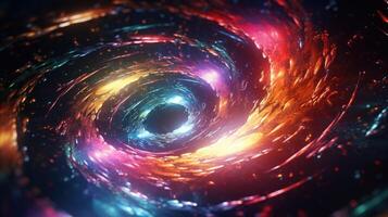 AI generated Colorful light whirls surreal space wormhole. photo