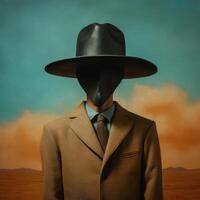 AI generated A mysterious gentleman in a black hat and full face covered with a black mask wearing a coat. photo