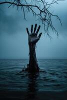 AI generated A man drowning and asking for help. A hand reaching out of the water is about to be submerged. photo