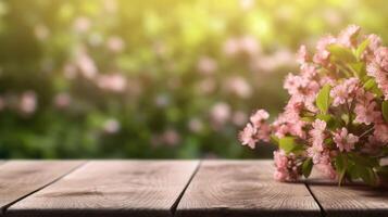AI generated Empty wooden table top in flower Park with blur background of pink flowers. Template mock up for display of product. photo