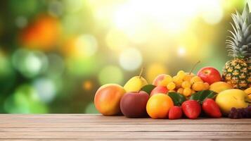 AI generated Empty wooden table top in tropical fruit with blur background of food trees. Template mock up for display of product. photo