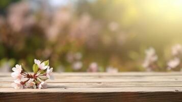 AI generated Empty wooden table top in flower Park with blur background of pink flowers. Template mock up for display of product. photo