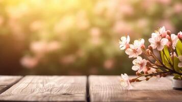AI generated Empty wooden table top in flower Park with blur background of pink flowers. Template mock up for display of product. photo