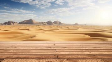 AI generated Empty wooden table top with blur background of desert. Template mock up for display of product. photo