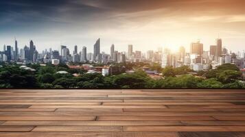 AI generated Empty wooden table top with blur background of downtown business district or city park skyline. Template mock up for display of product. photo