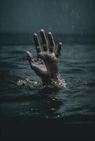 AI generated A man is drowning, his hand is sticking out of the water and gesturing for help. photo