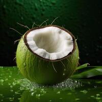 AI generated Fresh green half sliced coconut with drops of water isolated on dark green background. photo