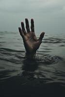 AI generated A man is drowning, his hand is sticking out of the water and gesturing for help. photo