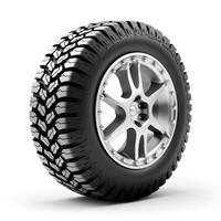 AI generated New car wheel isolated on white background. Front and side angle view of a racer car tire. photo