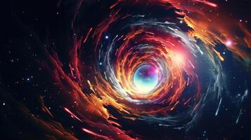 AI generated Colorful light whirls surreal space wormhole. photo