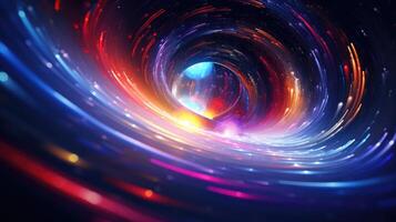 AI generated Colorful light whirls surreal space wormhole. photo