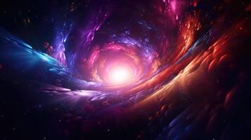 AI generated Colorful light whirls surreal space wormhole. photo